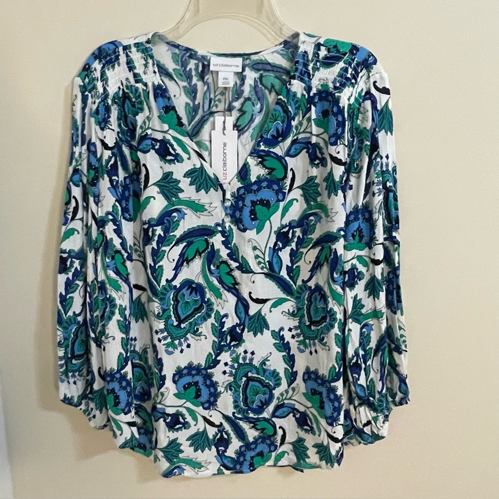 Liz Claiborne Pet. White Green Blue Paisley V-neck Long Sleeve Blouse Wm Sz PXL
